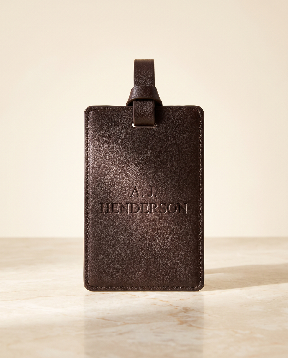 MNSA engraved leather luggage tag, AI-generated product visualization
