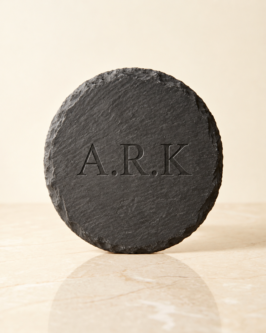 Round natural slate coaster engraved with initials, illustrative render