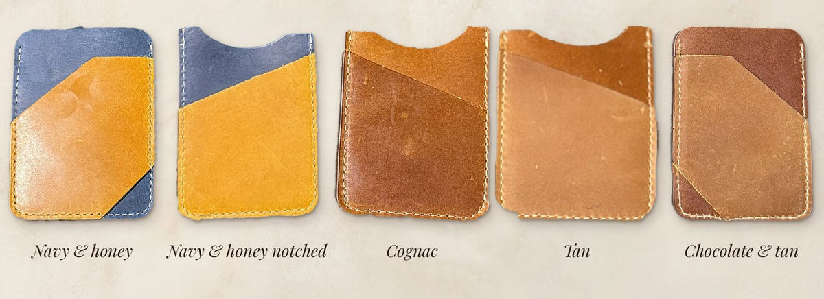 The five card holder colours in stock: navy and honey, navy and honey notched, cognac, tan, chocolate and tan