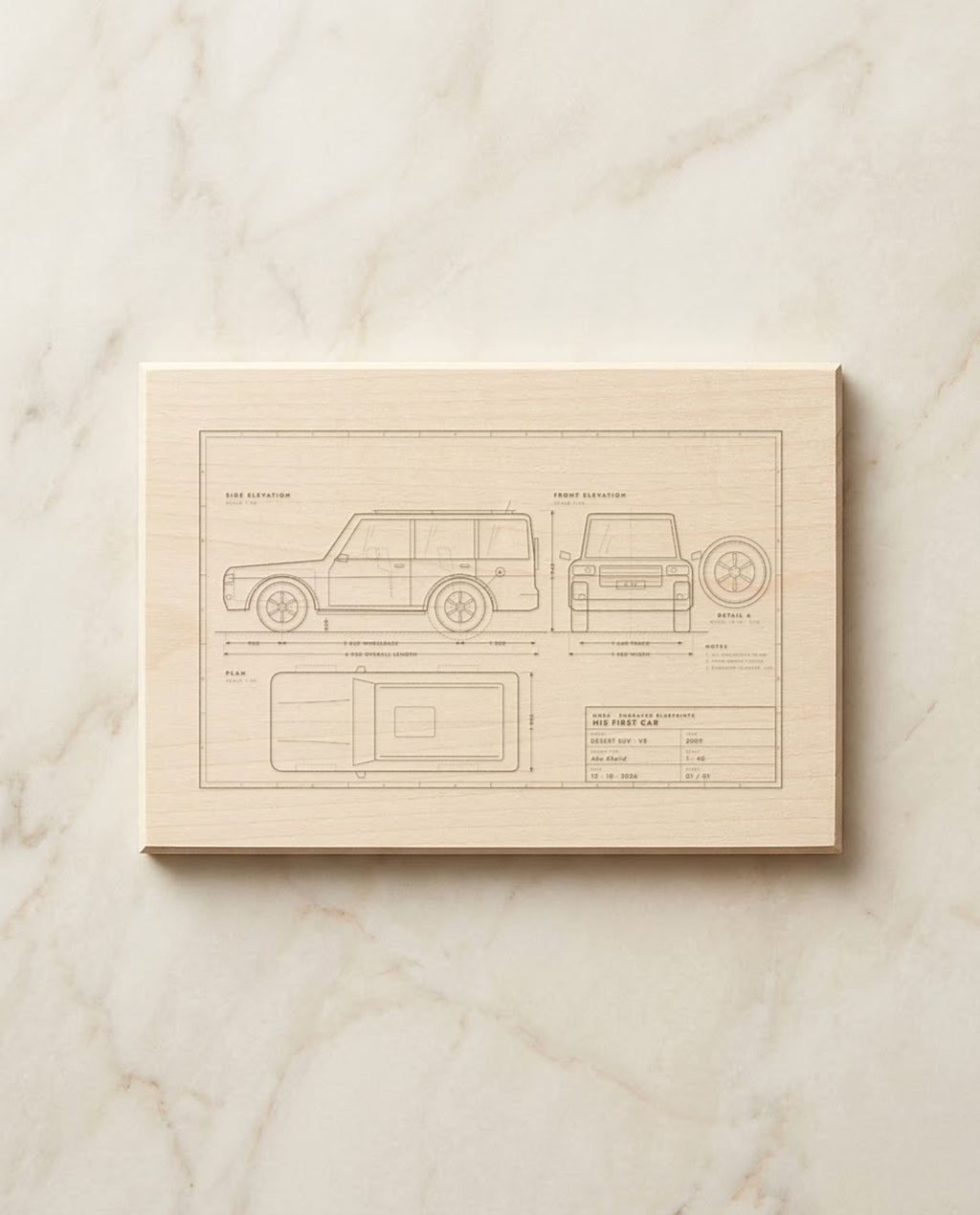 Car blueprint with side, front and plan views laser engraved on a basswood plaque