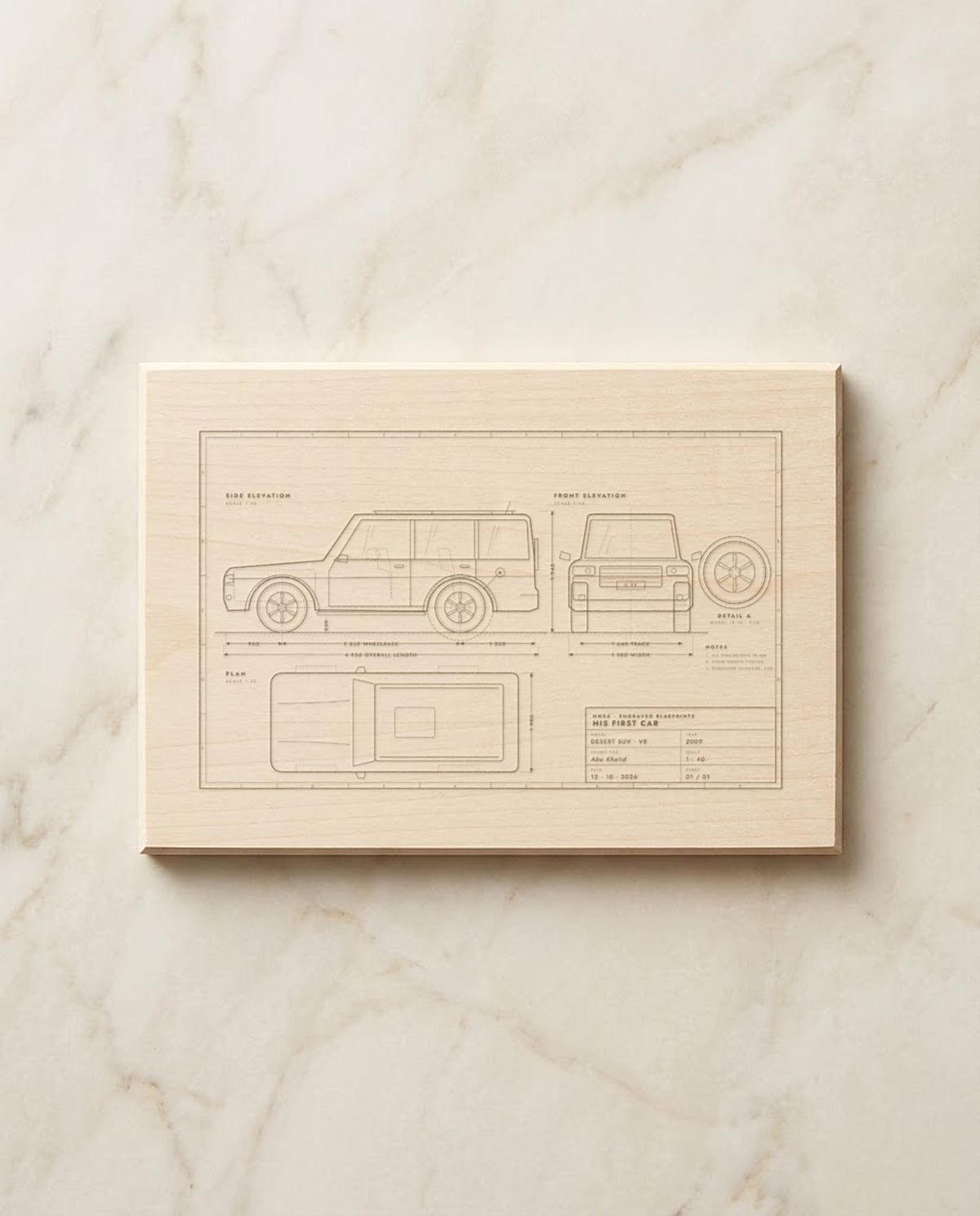Car blueprint with side, front and plan views laser engraved on a basswood plaque