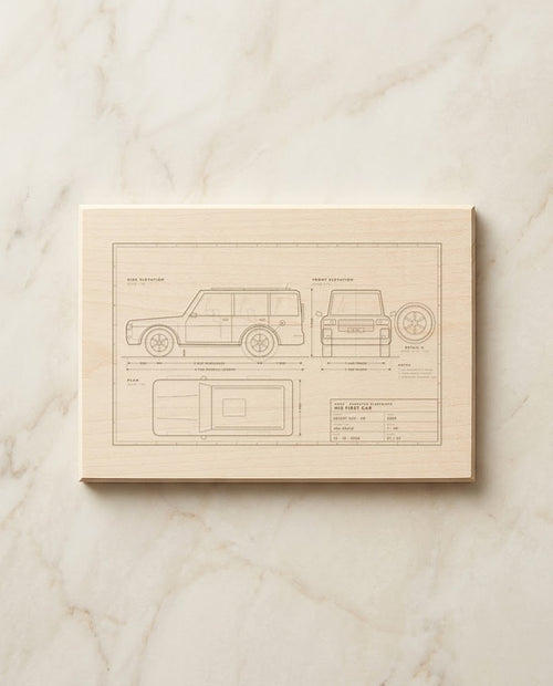 Car blueprint with side, front and plan views laser engraved on a basswood plaque