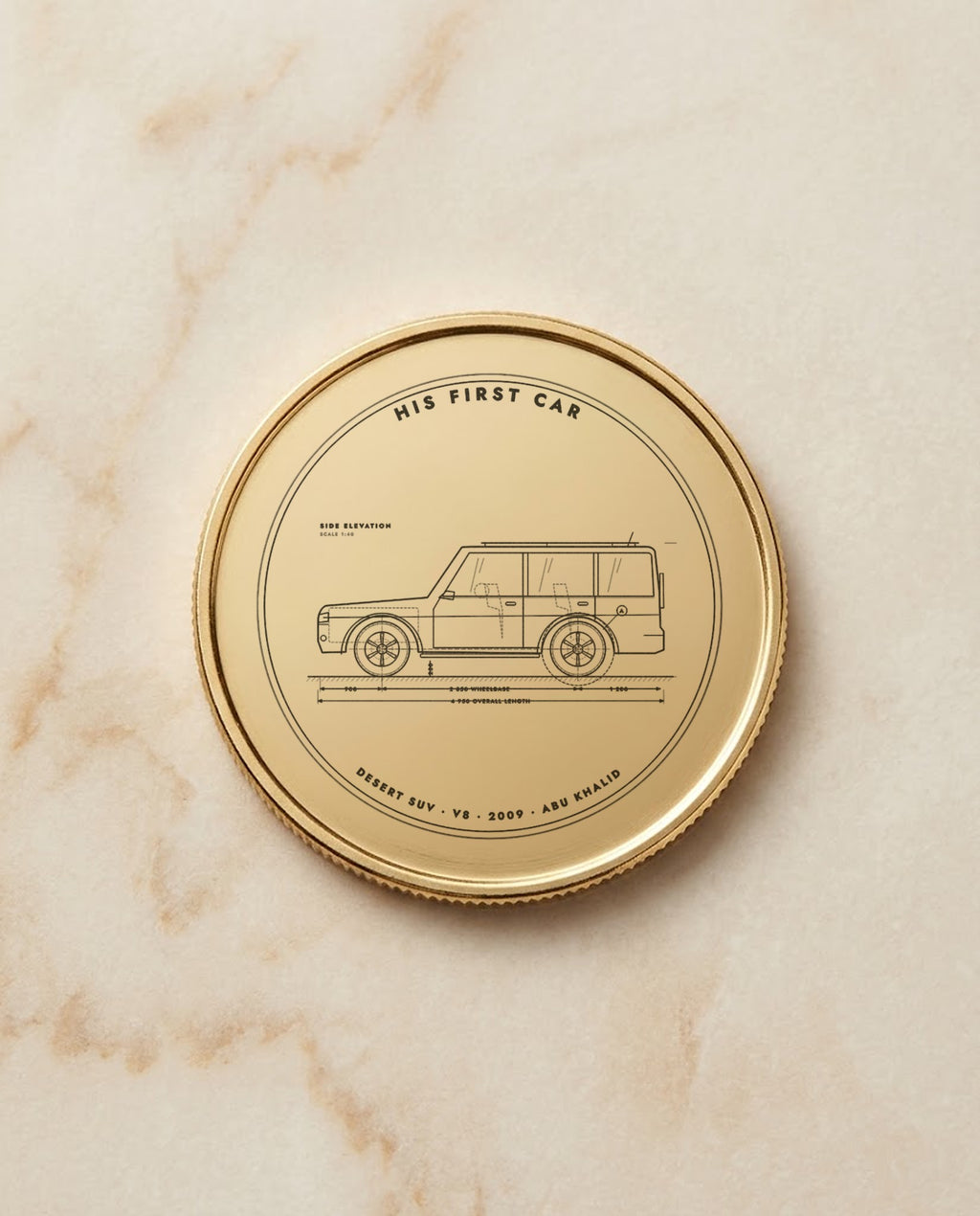 Car blueprint engraved on a gold metal coin