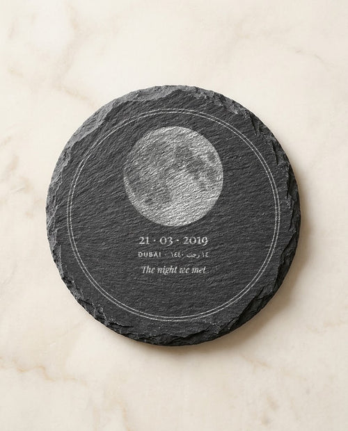 Full moon of 21 March 2019 over Dubai engraved on a round slate coaster