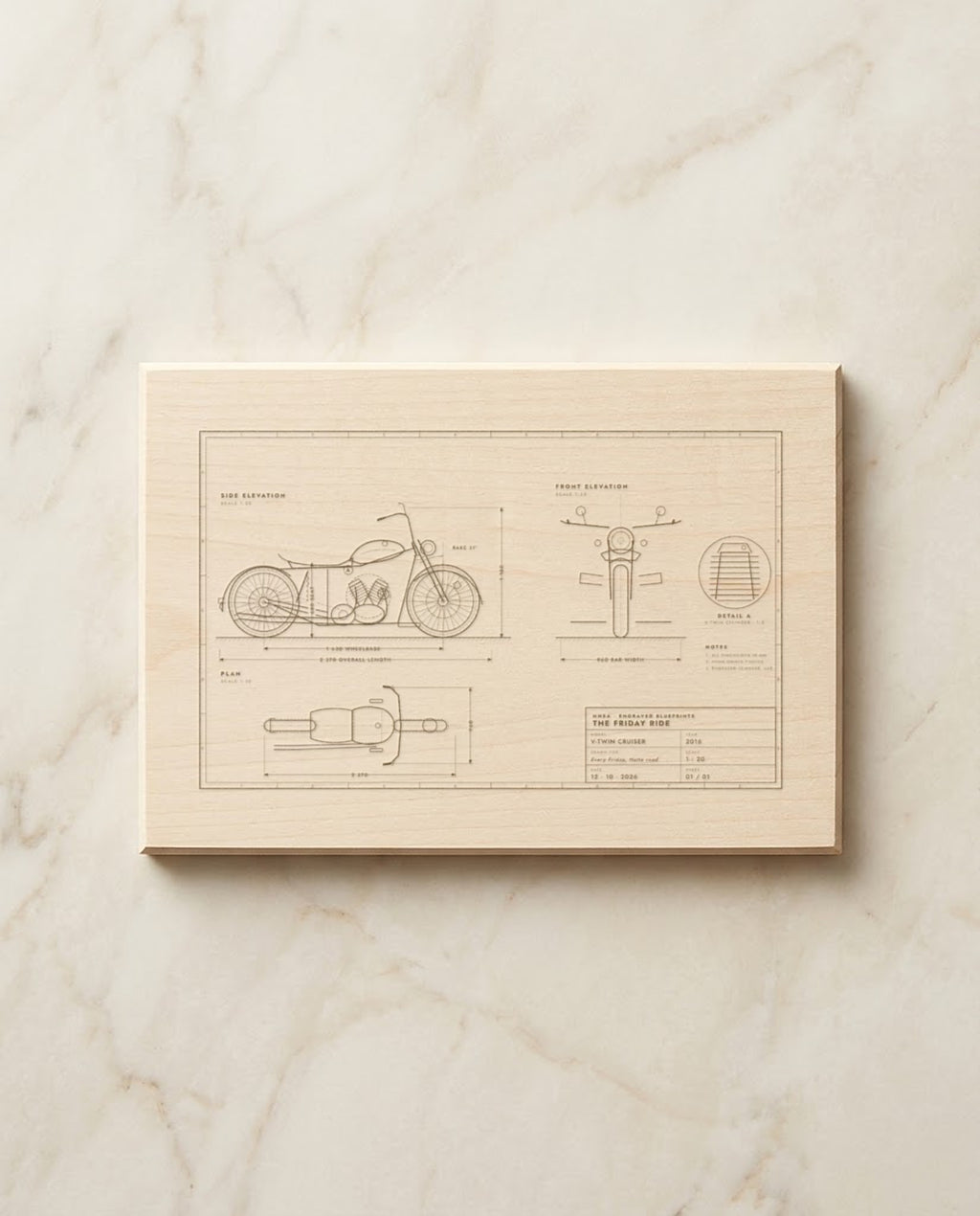 Motorbike blueprint with side, front and plan views engraved on a basswood plaque