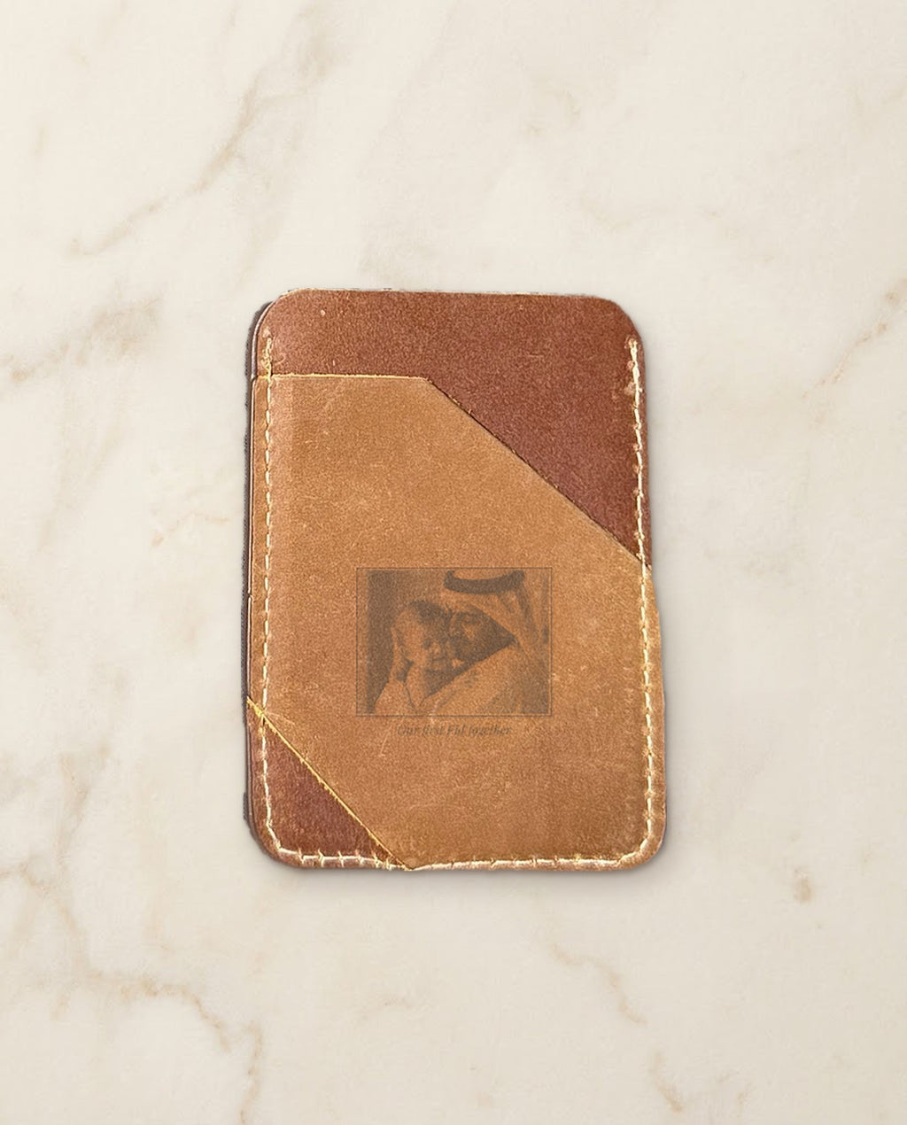 Family photo engraved on a chocolate and tan leather card holder