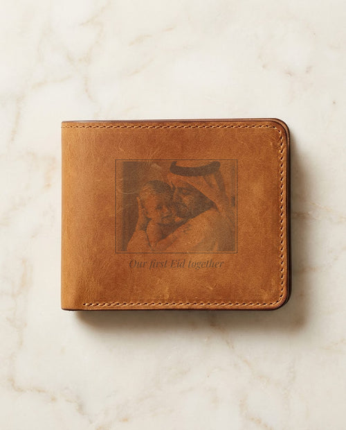 Family photo laser engraved on a tan leather wallet