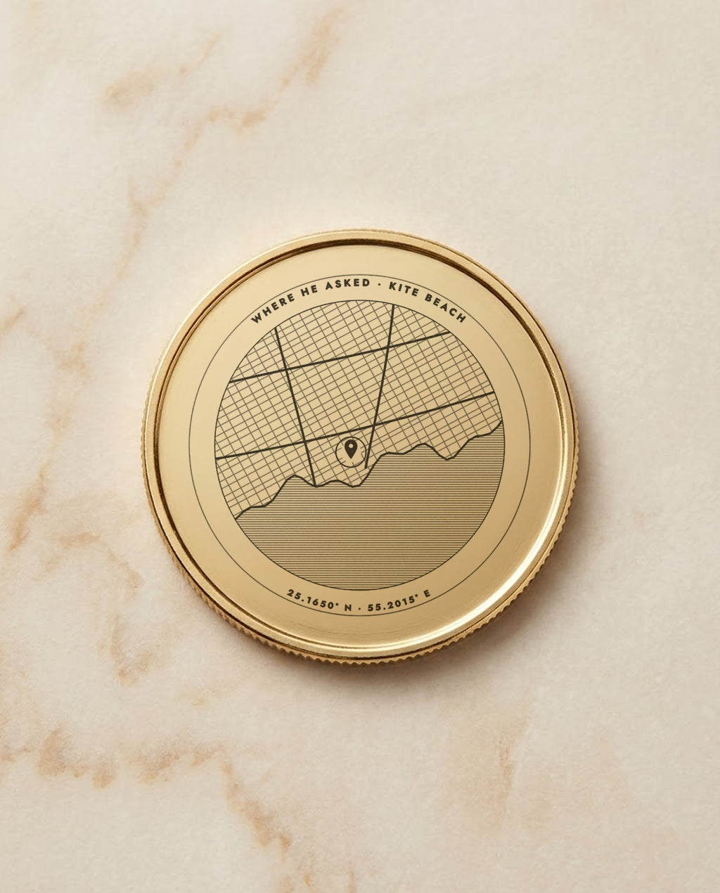 Street map with pin and coordinates engraved on a gold metal coin
